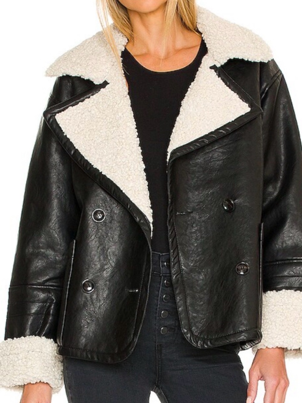 We The Free Black Faux Leather Bomber Jacket with Cream Sherpa